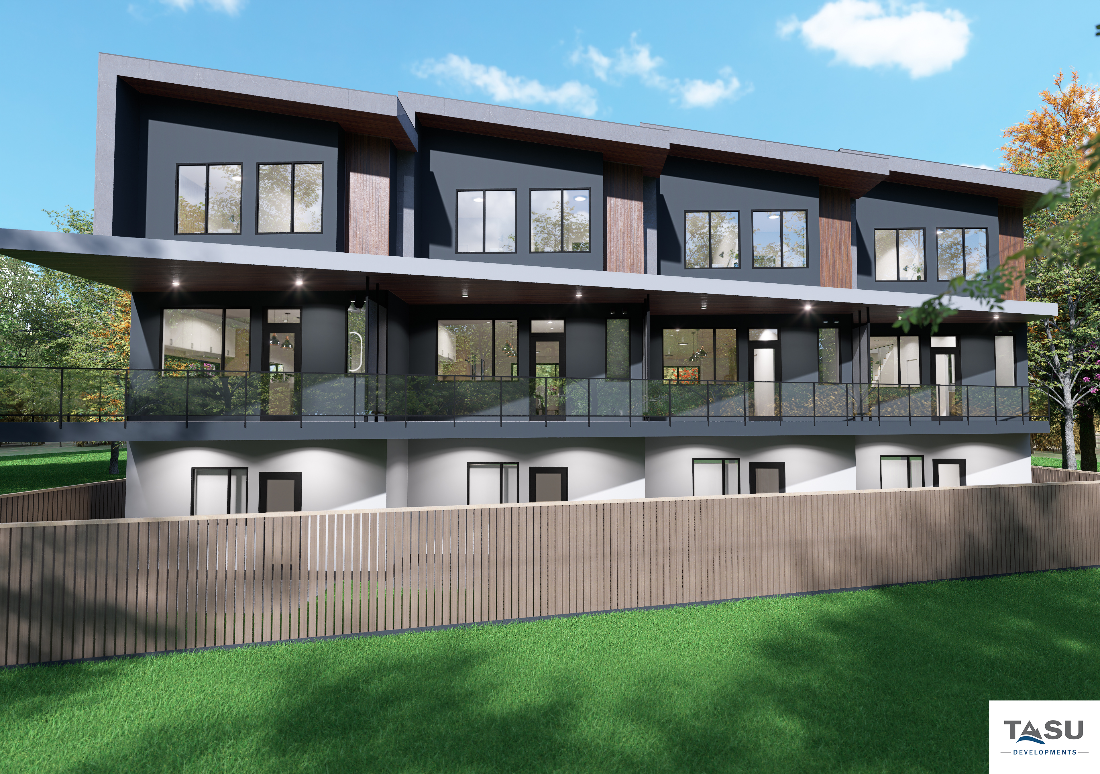 Living room with glass stair divider