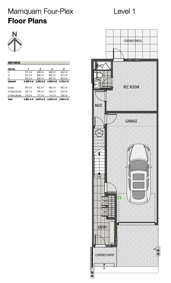 Level 1 floor plan — garage, rec room and entry
